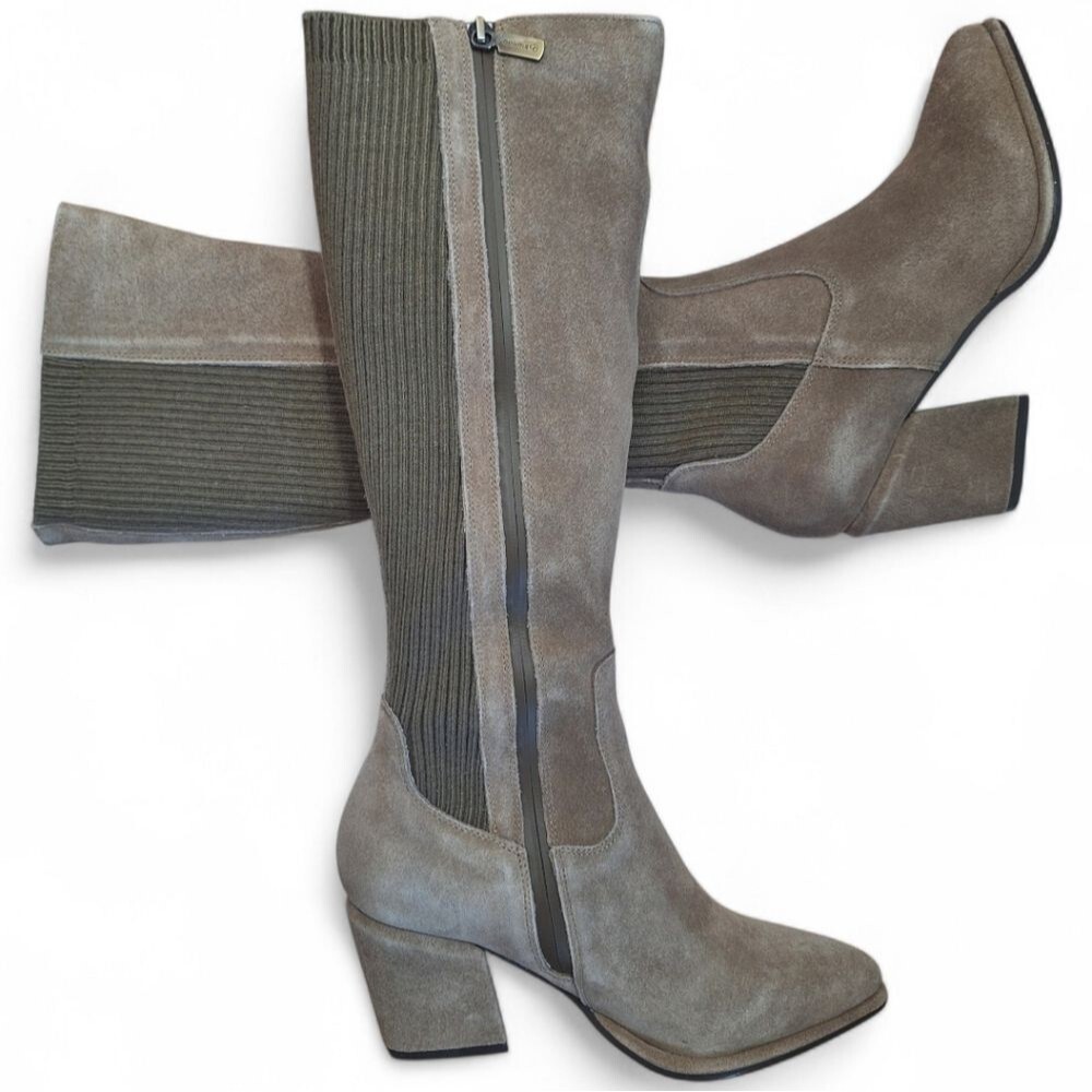 Blondo Taupe Knee High Suede Boots Block Heel Knit Stretch Calf Waterproof 7.5
